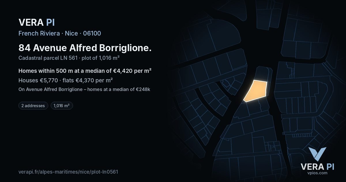 84 Avenue Alfred Borriglione, Nice at night – the plot lit, the parcels around coloured by the prices near them