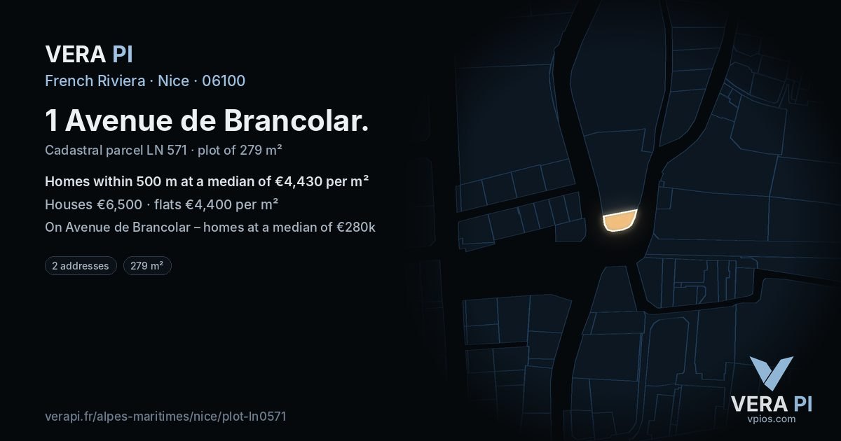 1 Avenue de Brancolar, Nice at night – the plot lit, the parcels around coloured by the prices near them