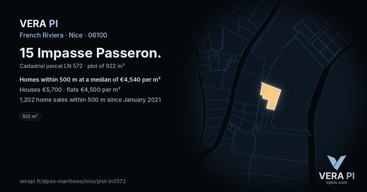 15 Impasse Passeron, Nice at night – the plot lit, the parcels around coloured by the prices near them