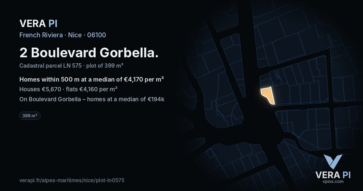 2 Boulevard Gorbella, Nice at night – the plot lit, the parcels around coloured by the prices near them