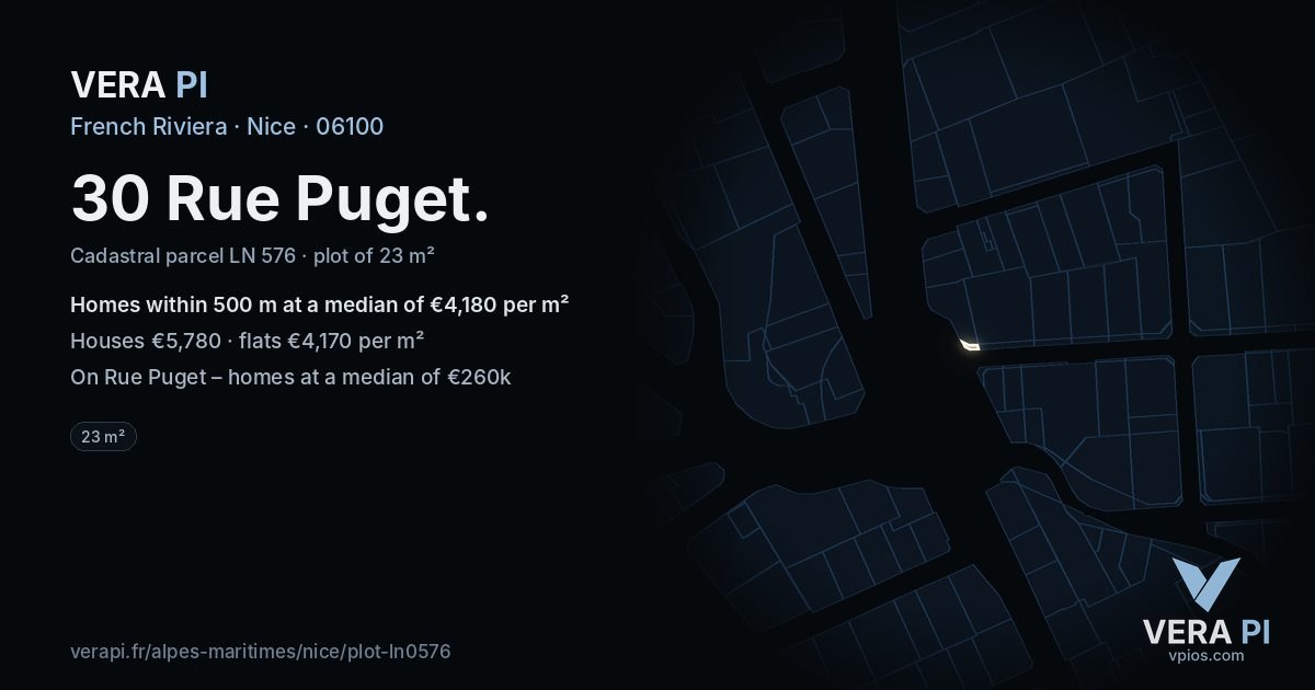 30 Rue Puget, Nice at night – the plot lit, the parcels around coloured by the prices near them