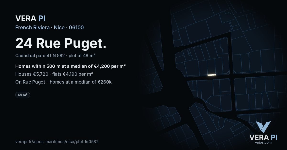 24 Rue Puget, Nice at night – the plot lit, the parcels around coloured by the prices near them