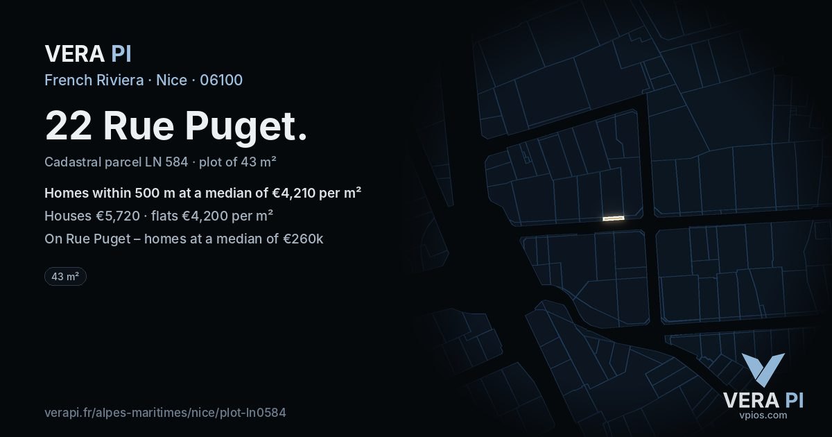 22 Rue Puget, Nice at night – the plot lit, the parcels around coloured by the prices near them