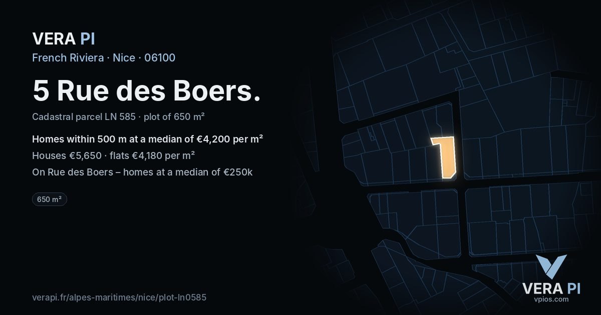 5 Rue des Boers, Nice at night – the plot lit, the parcels around coloured by the prices near them
