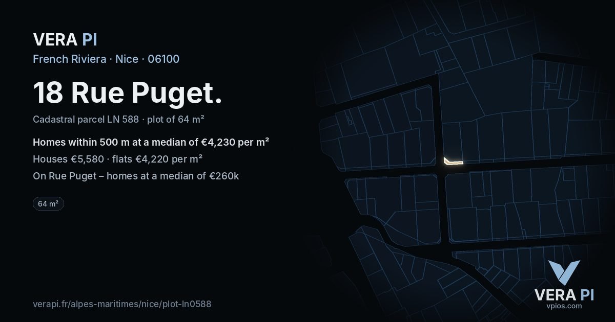 18 Rue Puget, Nice at night – the plot lit, the parcels around coloured by the prices near them