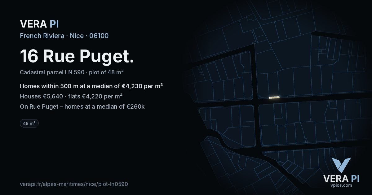 16 Rue Puget, Nice at night – the plot lit, the parcels around coloured by the prices near them