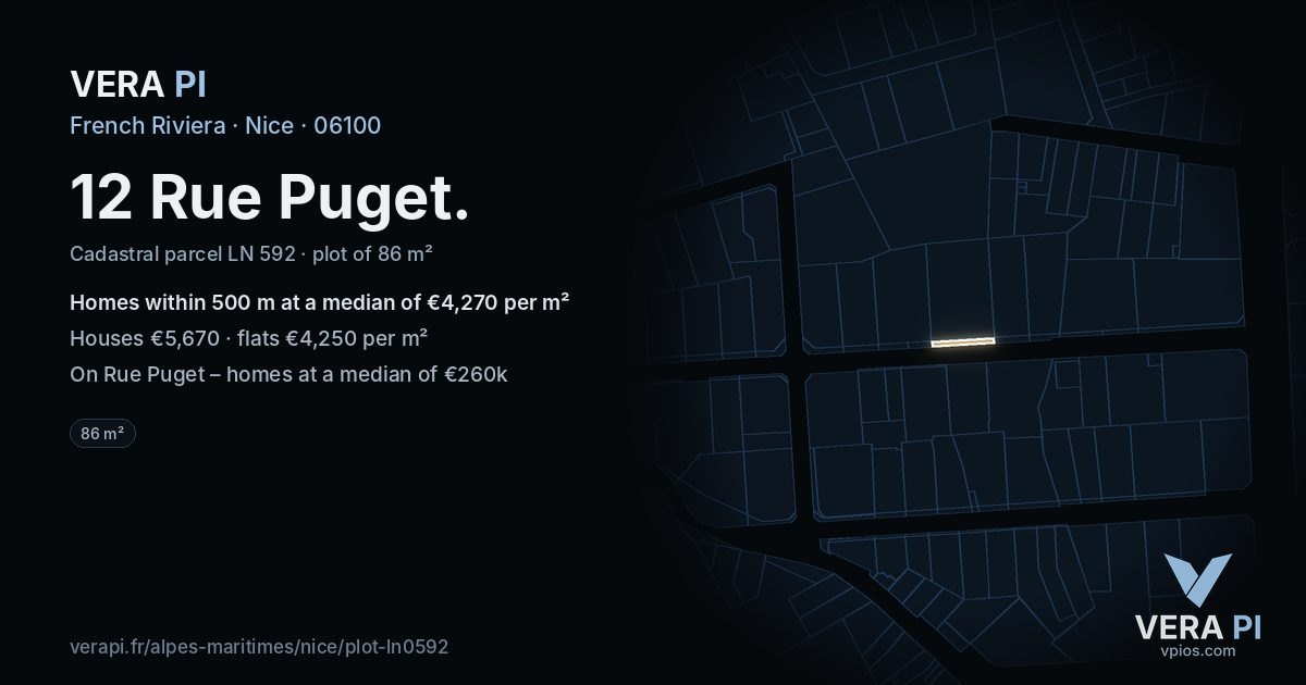 12 Rue Puget, Nice at night – the plot lit, the parcels around coloured by the prices near them