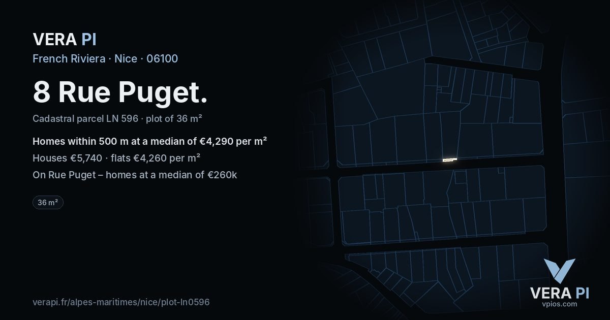 8 Rue Puget, Nice at night – the plot lit, the parcels around coloured by the prices near them