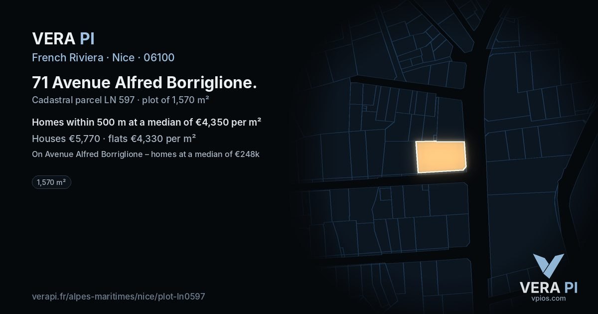 71 Avenue Alfred Borriglione, Nice at night – the plot lit, the parcels around coloured by the prices near them