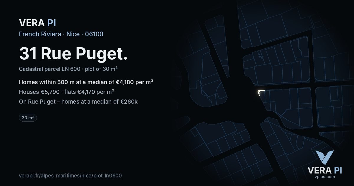 31 Rue Puget, Nice at night – the plot lit, the parcels around coloured by the prices near them
