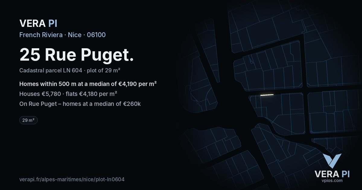 25 Rue Puget, Nice at night – the plot lit, the parcels around coloured by the prices near them