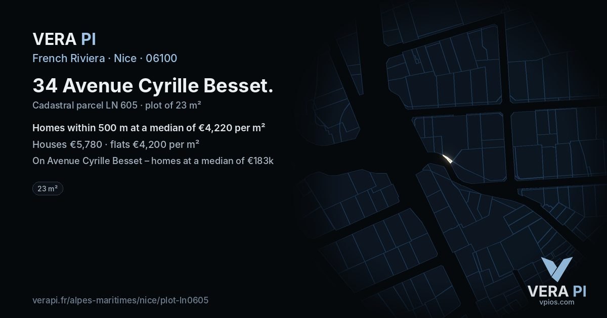 34 Avenue Cyrille Besset, Nice at night – the plot lit, the parcels around coloured by the prices near them