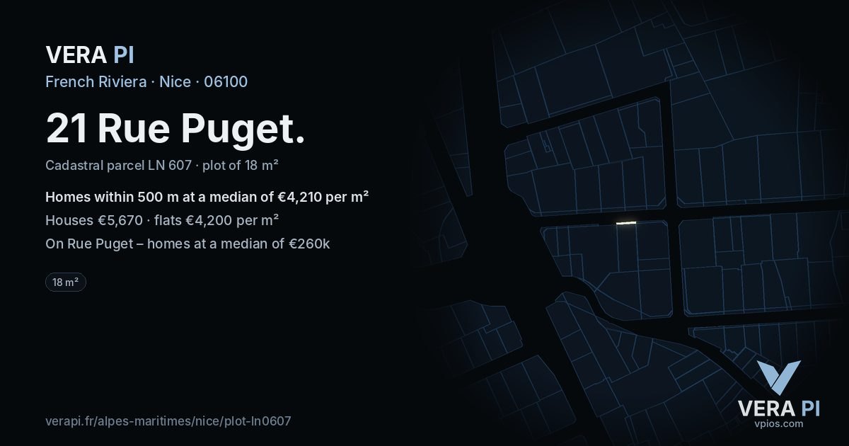 21 Rue Puget, Nice at night – the plot lit, the parcels around coloured by the prices near them