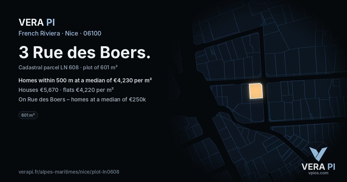 3 Rue des Boers, Nice at night – the plot lit, the parcels around coloured by the prices near them