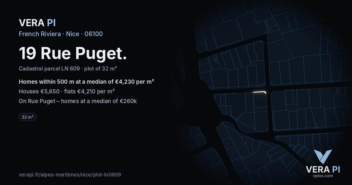 19 Rue Puget, Nice at night – the plot lit, the parcels around coloured by the prices near them