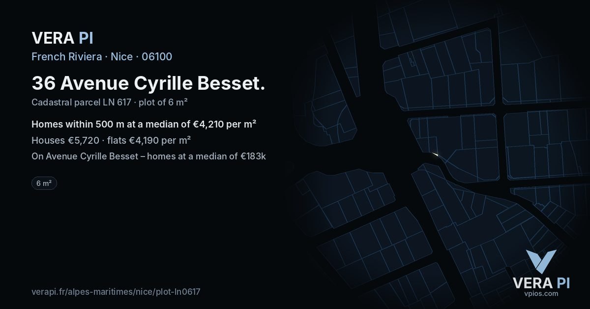 36 Avenue Cyrille Besset, Nice at night – the plot lit, the parcels around coloured by the prices near them