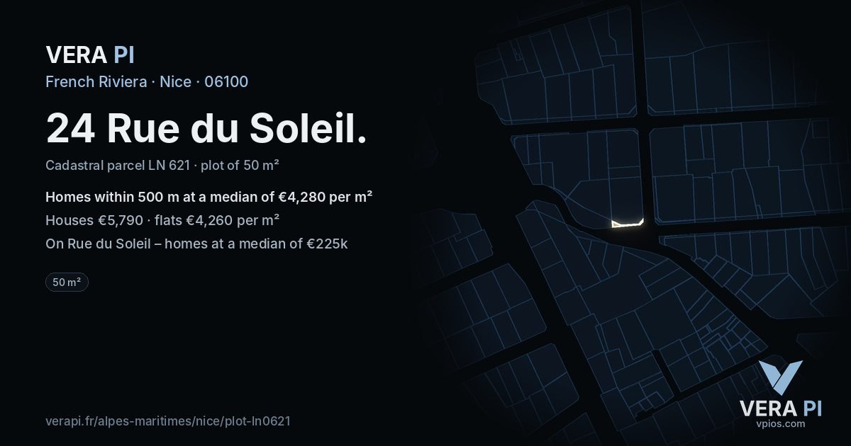 24 Rue du Soleil, Nice at night – the plot lit, the parcels around coloured by the prices near them