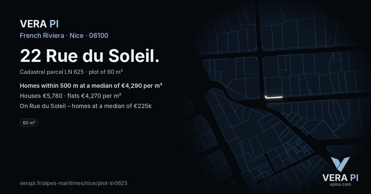22 Rue du Soleil, Nice at night – the plot lit, the parcels around coloured by the prices near them