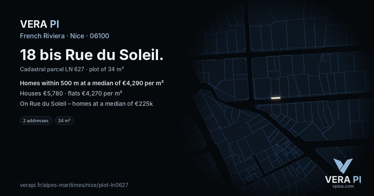 18 bis Rue du Soleil, Nice at night – the plot lit, the parcels around coloured by the prices near them