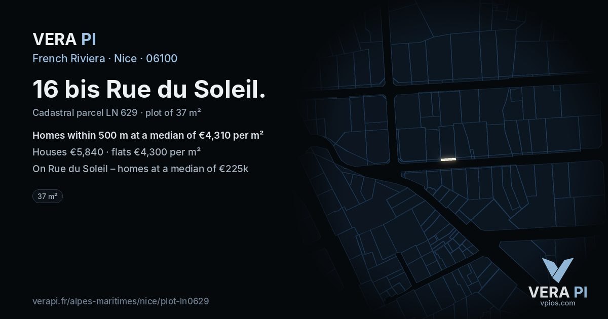 16 bis Rue du Soleil, Nice at night – the plot lit, the parcels around coloured by the prices near them