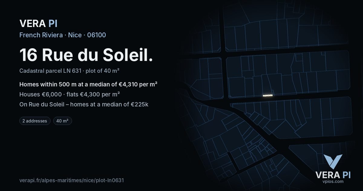 16 Rue du Soleil, Nice at night – the plot lit, the parcels around coloured by the prices near them