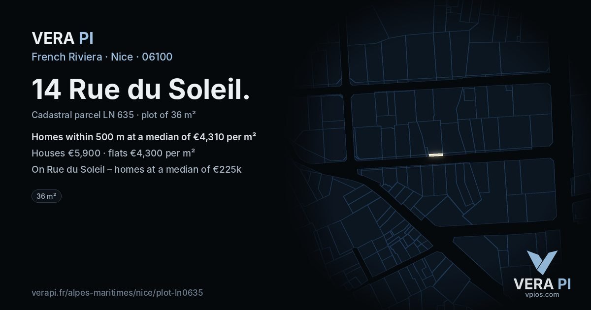 14 Rue du Soleil, Nice at night – the plot lit, the parcels around coloured by the prices near them