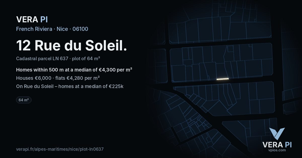12 Rue du Soleil, Nice at night – the plot lit, the parcels around coloured by the prices near them