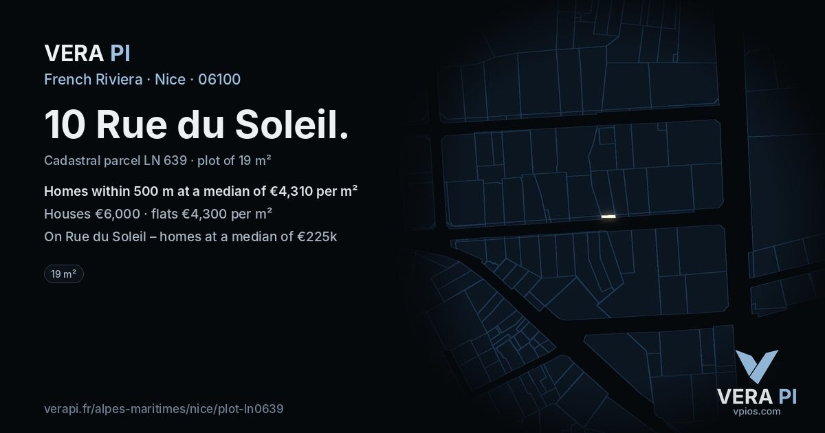 10 Rue du Soleil, Nice at night – the plot lit, the parcels around coloured by the prices near them