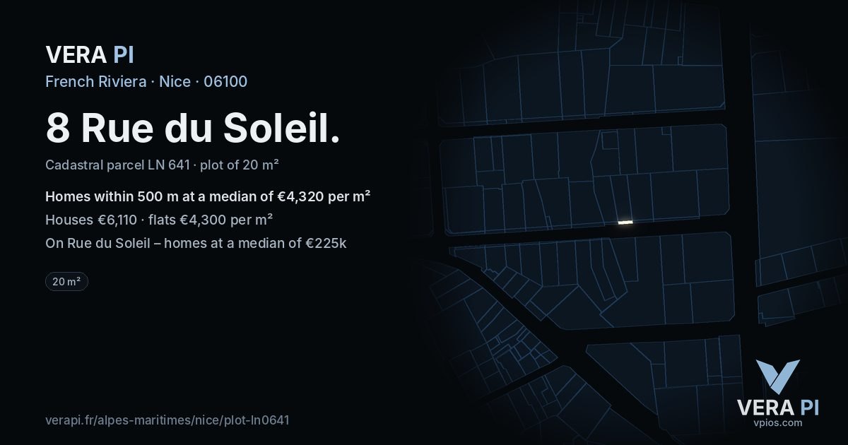 8 Rue du Soleil, Nice at night – the plot lit, the parcels around coloured by the prices near them