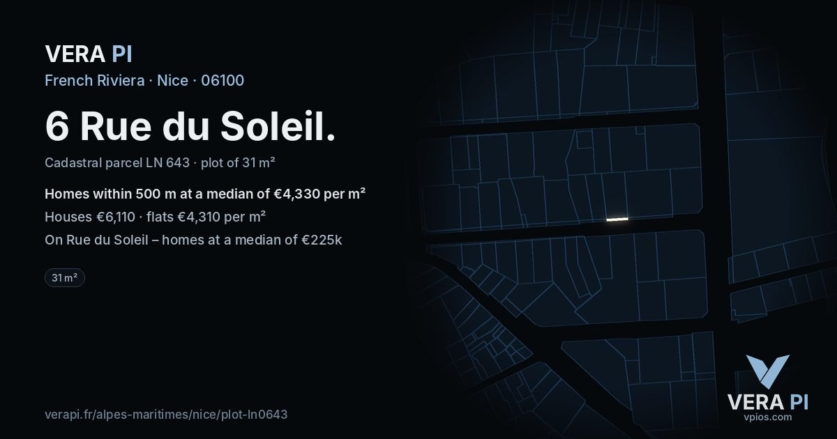 6 Rue du Soleil, Nice at night – the plot lit, the parcels around coloured by the prices near them