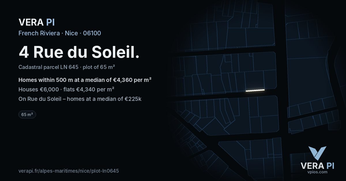4 Rue du Soleil, Nice at night – the plot lit, the parcels around coloured by the prices near them