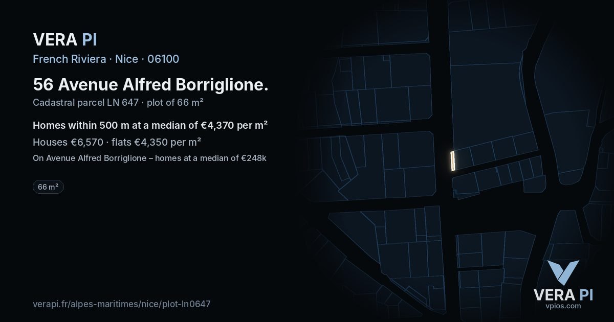 56 Avenue Alfred Borriglione, Nice at night – the plot lit, the parcels around coloured by the prices near them