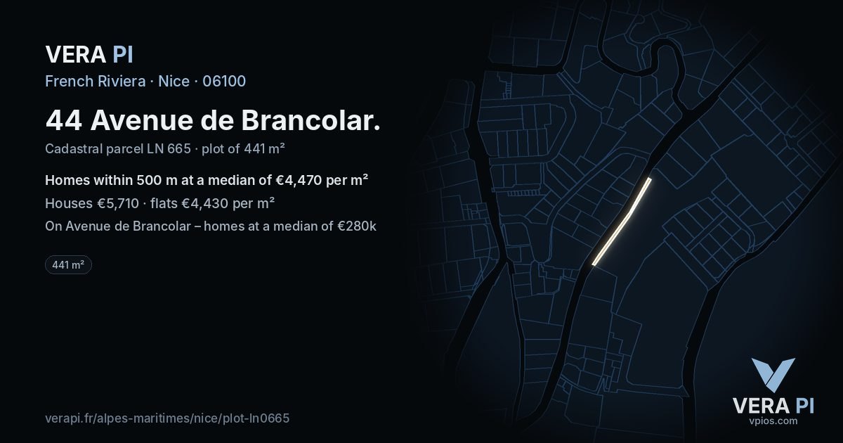 44 Avenue de Brancolar, Nice at night – the plot lit, the parcels around coloured by the prices near them