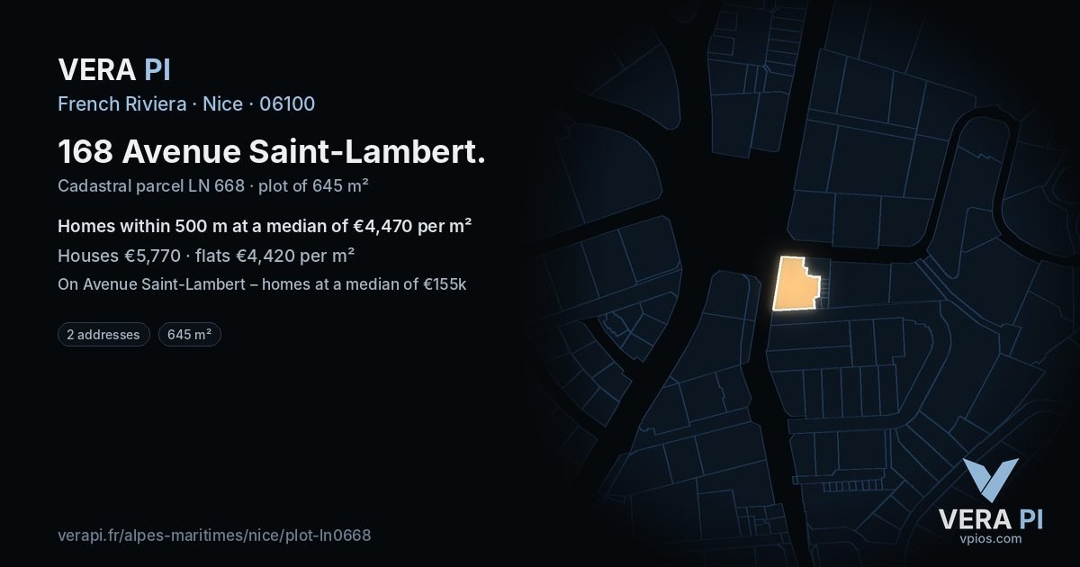 168 Avenue Saint-Lambert, Nice at night – the plot lit, the parcels around coloured by the prices near them