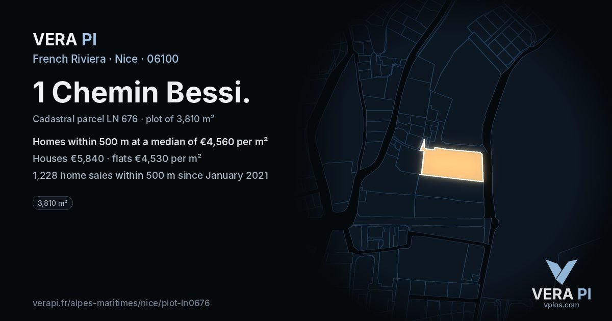 1 Chemin Bessi, Nice at night – the plot lit, the parcels around coloured by the prices near them