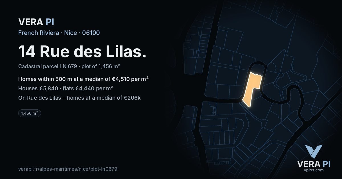 14 Rue des Lilas, Nice at night – the plot lit, the parcels around coloured by the prices near them