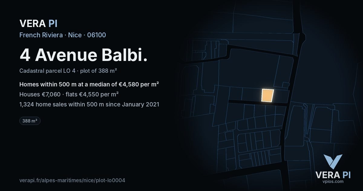 4 Avenue Balbi, Nice at night – the plot lit, the parcels around coloured by the prices near them