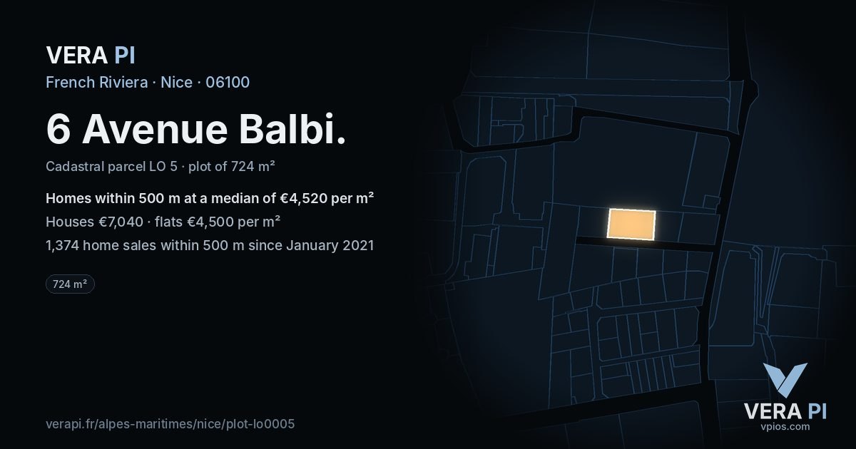 6 Avenue Balbi, Nice at night – the plot lit, the parcels around coloured by the prices near them