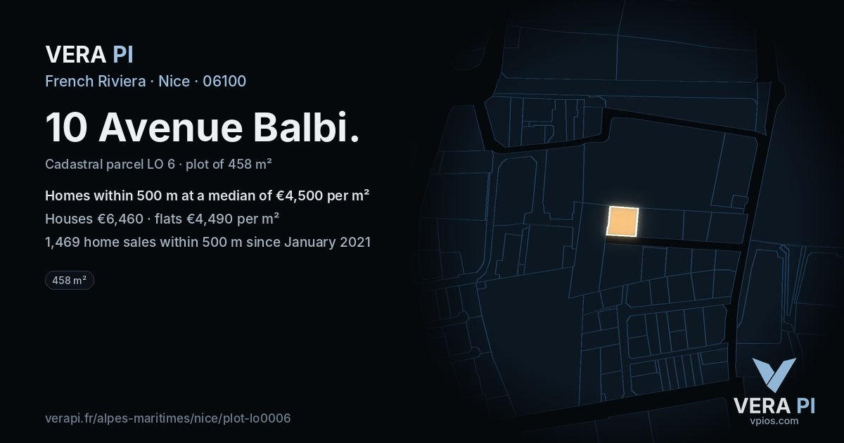 10 Avenue Balbi, Nice at night – the plot lit, the parcels around coloured by the prices near them