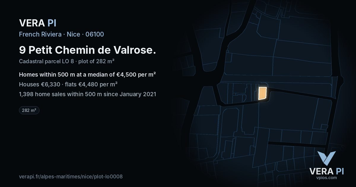 9 Petit Chemin de Valrose, Nice at night – the plot lit, the parcels around coloured by the prices near them