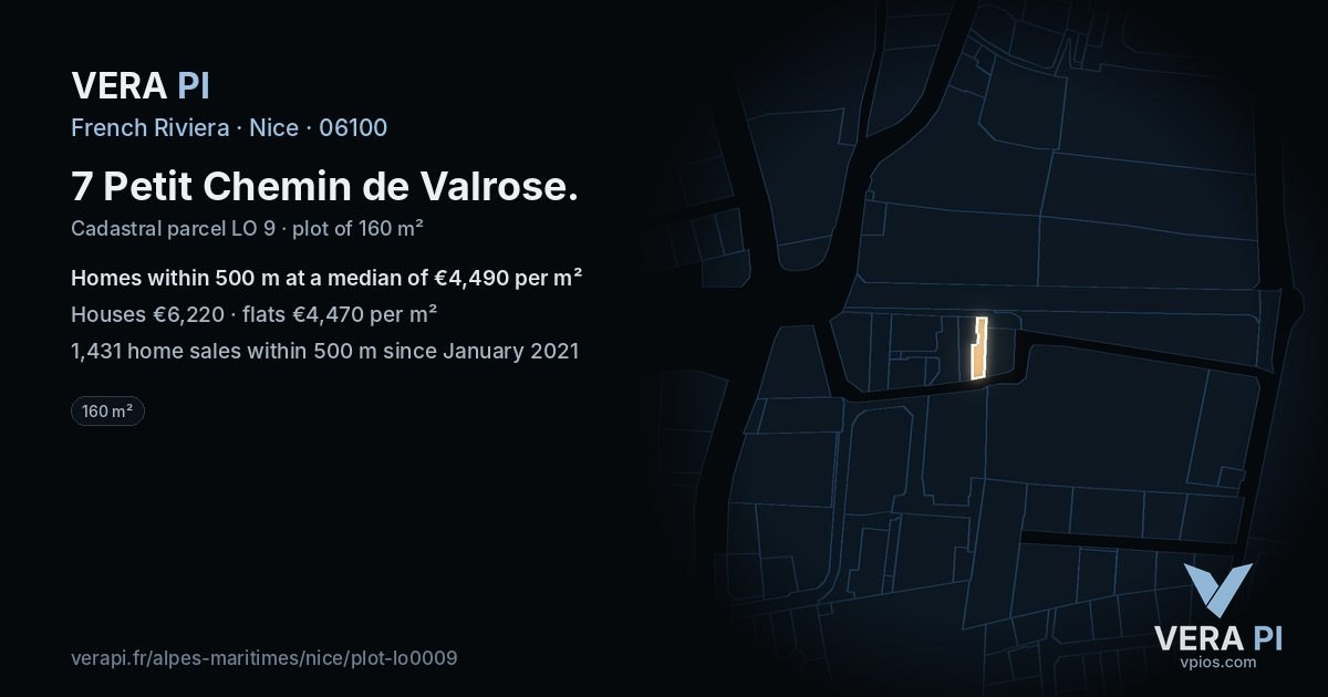 7 Petit Chemin de Valrose, Nice at night – the plot lit, the parcels around coloured by the prices near them