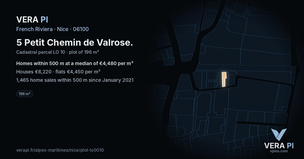 5 Petit Chemin de Valrose, Nice at night – the plot lit, the parcels around coloured by the prices near them