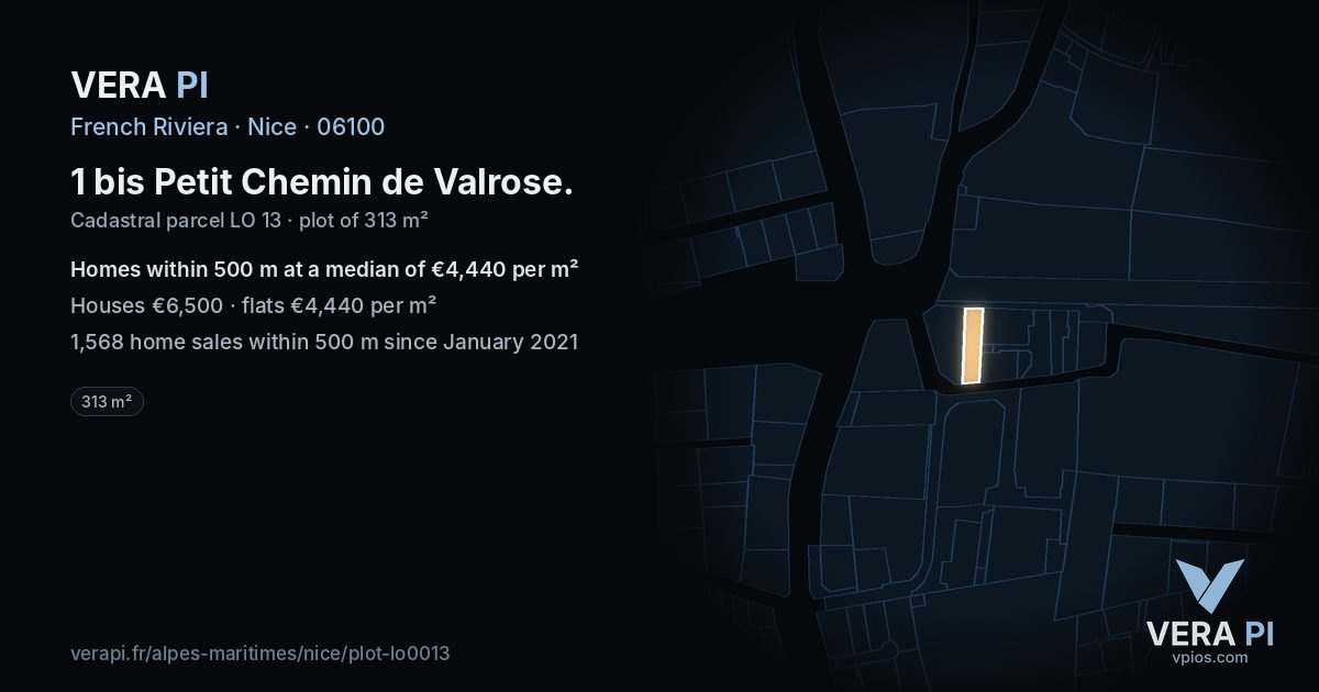 1 bis Petit Chemin de Valrose, Nice at night – the plot lit, the parcels around coloured by the prices near them