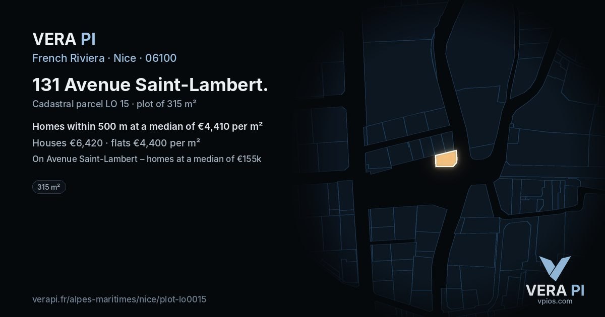 131 Avenue Saint-Lambert, Nice at night – the plot lit, the parcels around coloured by the prices near them