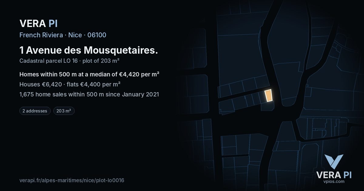 1 Avenue des Mousquetaires, Nice at night – the plot lit, the parcels around coloured by the prices near them