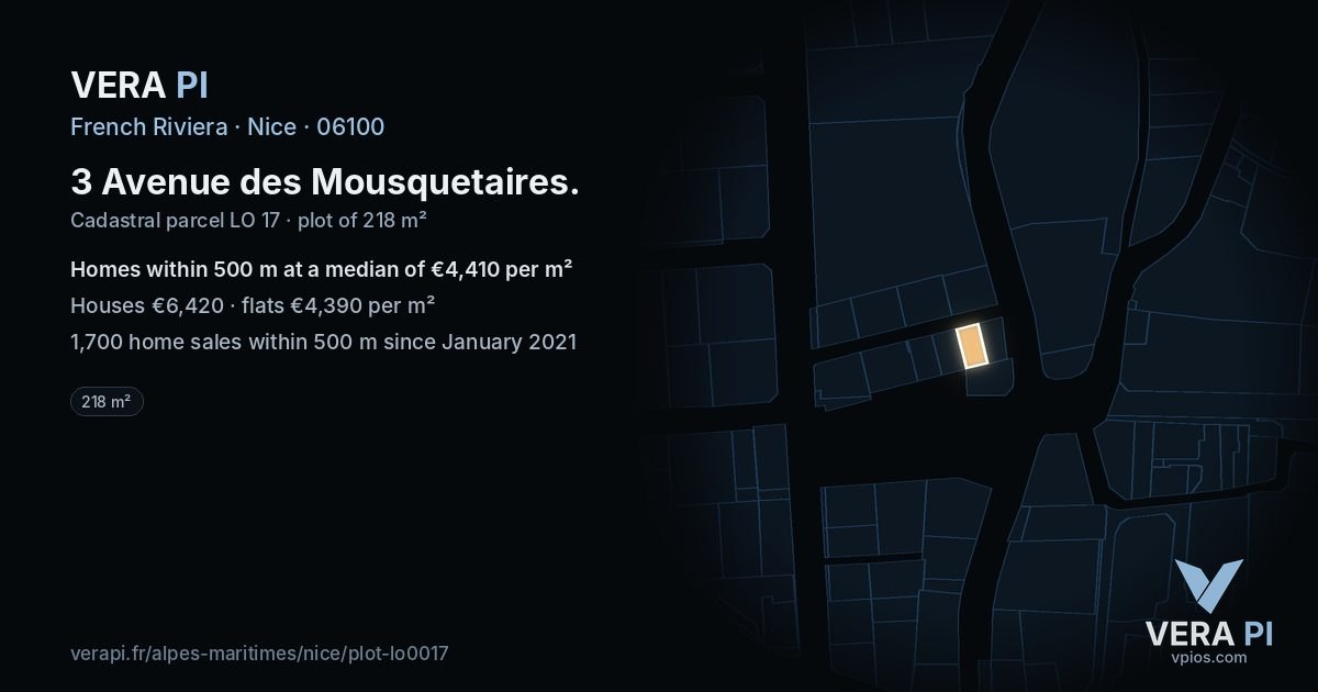 3 Avenue des Mousquetaires, Nice at night – the plot lit, the parcels around coloured by the prices near them