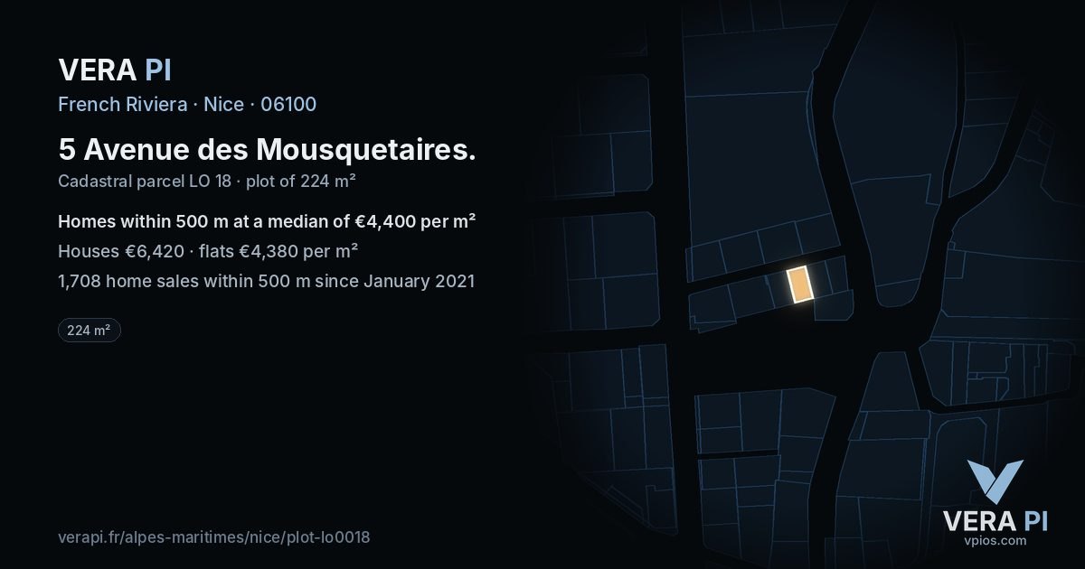 5 Avenue des Mousquetaires, Nice at night – the plot lit, the parcels around coloured by the prices near them