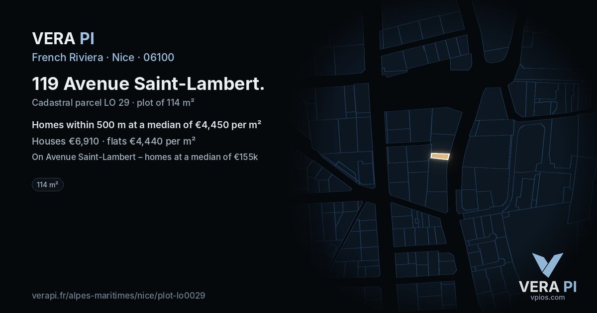 119 Avenue Saint-Lambert, Nice at night – the plot lit, the parcels around coloured by the prices near them