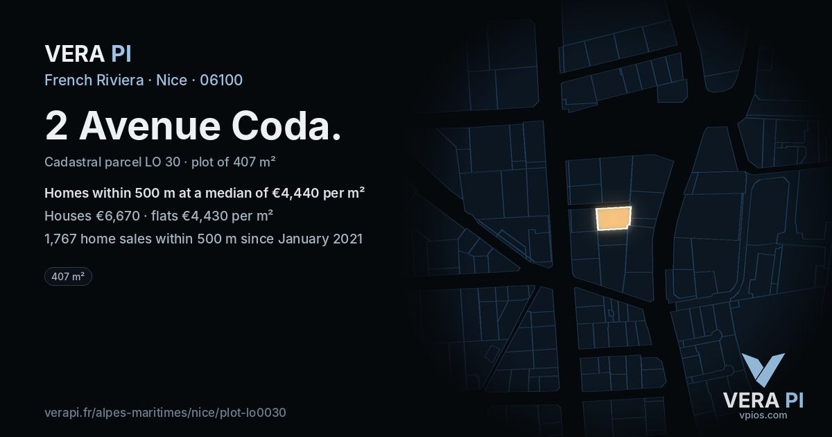 2 Avenue Coda, Nice at night – the plot lit, the parcels around coloured by the prices near them