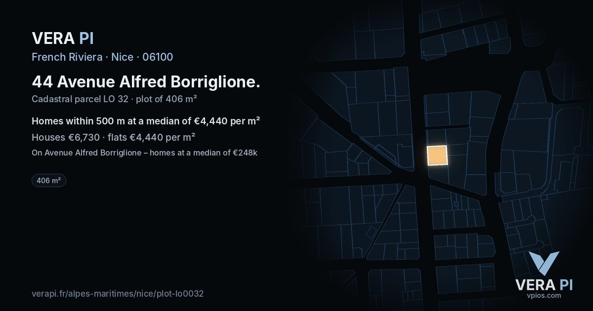 44 Avenue Alfred Borriglione, Nice at night – the plot lit, the parcels around coloured by the prices near them